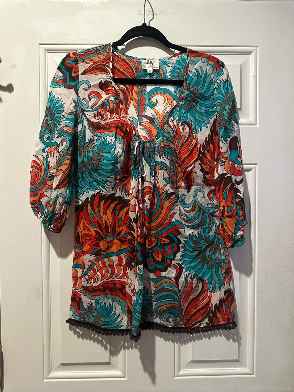 Milly of New York Teal & Orange Floral Tie-Front Tunic